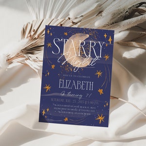 May include: A blue invitation card with gold glitter accents and stars. The text reads "Starry Night" and "Join us to celebrate Elizabeth is turning 7!" with a date and time.