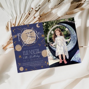Reach Four The Stars Invitation with Photo Printable Space Fourth Birthday Invite Little Astronaut Galaxy Outer Space Kids Party Invitation