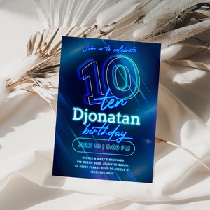 Blue Neon 10th Birthday Invitation Editable Glow In The Dark Teen Boys Instant Download Template Ten Years Aqua Neon Birthday Party Invite image 1