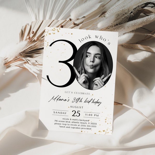 30. Geburtstag Einladung mit Foto, minimalistische elegante 30 Jahre Einladungen für Ihn oder sie sofortiger Download voll bearbeitbare Vorlagen