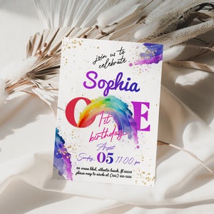 Rainbow First Birthday Invitation Girl Colorful Rainbow Personalized 1st Year Baby Party Invite Editable Printable Instant Download Template