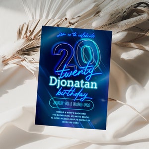 Blue Neon 20th Birthday Invitation Printable Lets Glow Boys Mens Twenty Anniversary Invitation Template Editable Neon Light Party Invite