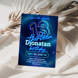 Blue Neon 13th Birthday Invitation Glow Crazy Neon Theme Party Invitation Teen Boys Neon Light Glow Birthday Party Invite Download Template