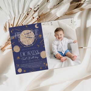 First Trip Around The Sun Birthday Invitation With Photo Little Astronaut 1st Birthday Printable Photo Invitation Space Baby Birthday Invite
