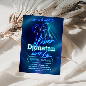 Blue Neon 11th Birthday Invitation: Editable Party Invite (Digital Download)