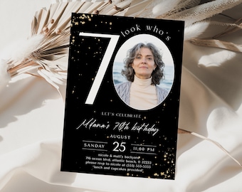 Black Gold 70th Birthday Invitation With Photo, Seventy Years Man Or Woman Party Celebration Sign Editable, Download Adult Birthday Invite