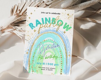 Rainbow Birthday Invitation: Turquoise, Gold Glitter Stars (Printable Download)
