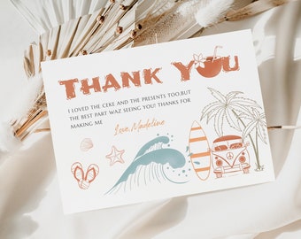 Baby on Board Thank You Card Surf Baby Shower Gift Card Vintage Van Beach Baby Shower Party Favor Surfing Ocean Luau Surfs Up Decor Template