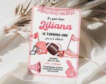 Girl Football First Birthday Invitation: Editable Sports Party (Digital Download)