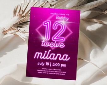 Neon 12th Birthday Invitation: Pink & Purple, Editable Template (Digital Download)