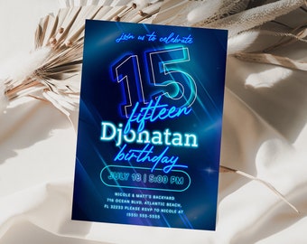Faire-part 15e anniversaire néon bleu : invitation à une fête d'ados modifiable (téléchargement numérique)