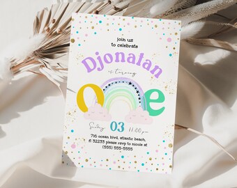 Rainbow First Birthday Invitation: Pastel Party Invite (Digital Download)