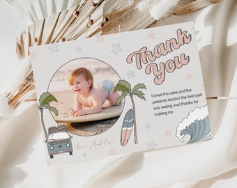 Surf Birthday Thank You Card with Photo Any Age Surfing Beach Birthday Picture Favor Card Surfer Party Favor Printable Invitation Card Decor