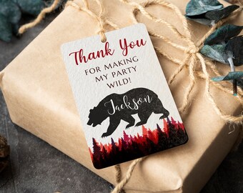 Lumberjack Birthday Thank You Tag, Wild One Favor Tags, Boy Birthday Tag, Buffalo Check, Bear Birthday Thank You Tag