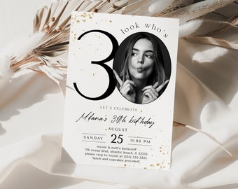 30th Birthday Invitation With Photo, Minimalist Elegant 30 Years Invites For Him or Her Instant Download Printable Fully Editable Templates