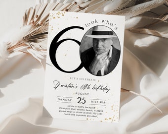 60th Birthday Invitation With Photo, Adult Men And Women Sixty Years Party Invite Digital Template Minimalist Editable Printable Download