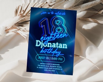 Blue Neon 18th Birthday Invitation: Editable Glow Party (Digital Download)