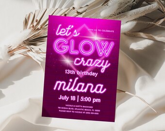 Pink Neon Birthday Invitation: Glow Crazy, Editable Template (Digital Download)