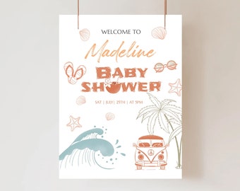 Baby on Board Welcome Sign Surf Baby Shower Welcome Party Banner Template Retro Surfing Baby Shower Printable Editable Sign Beach Party