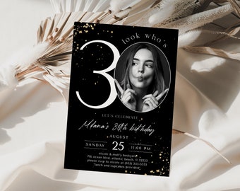 Black Gold 30th Birthday Invitation With Photo, Thirty Birthday Party Invitation, Adult Mens Womans Unisex Neutral Birthday Sign Template