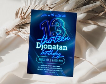 Blue Neon 13th Birthday Invitation: Glow Party Theme (Digital Download)