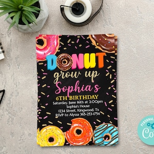 Donut Grow Up Birthday Invitation Chalkbord, Doughnut Party Invite, Pink Donuts First Birthday Party, Girl Birthday Invitation