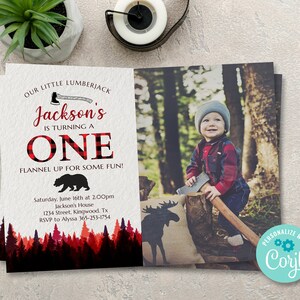 May include: A red and black plaid birthday invitation for a first birthday party. The invitation features a cartoon lumberjack axe, a bear, and a moose. The text reads "Our Little Lumberjack Jackson's is turning one. Flannel up for some fun!"  The invitation also includes the date, time, location, and RSVP information.