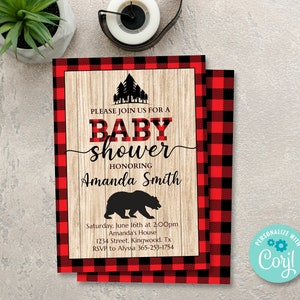 Lumberjack Baby Shower Invitation, Buffalo Plaid Invite, Camping Baby Shower Invitation, Woodland Baby Shower Party Invitation