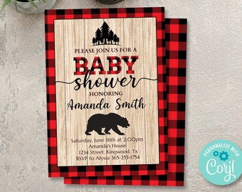 Lumberjack Baby Shower Invitation, Buffalo Plaid Invite, Camping Baby Shower Invitation, Woodland Baby Shower Party Invitation