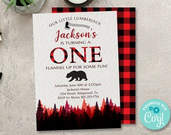 Lumberjack First Birthday Invitation, Buffalo Plaid Invite, Lumberjack Birthday, Woodland Party Invitation, Lumberjack Bear Red Plaid