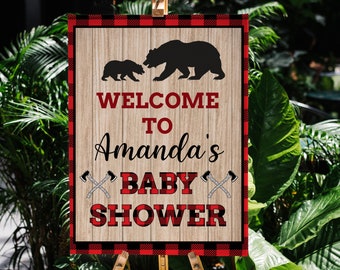 Lumberjack Baby Shower Welcome Sign, Welcome Poster Buffalo Plaid, Bear cub Printable 1st Birthday Decorations, Lumberjack Party Signs