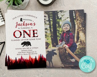 Lumberjack First Birthday Invitation with Photo: Buffalo Plaid (Digital)