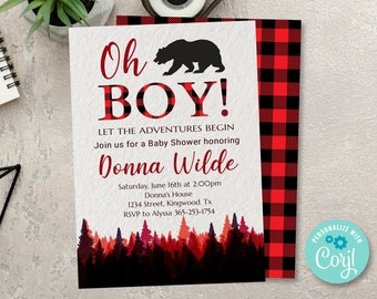 Lumberjack Baby Shower Invitation, Buffalo Plaid Invite, Red Buffalo Plaid Baby Shower Invitation, Woodland Party Invitation