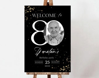 80th Birthday Welcome Sign Black Gold Printable Template 80th Birthday Invitation Gold Glitter Sparkle Eighty Party Welcome Poster Download