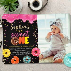 Donut Sweet One Birthday Invitation with Photo Chalkboard , Doughnut Party Invite, Editable Donut 1st Birthday Invitation, Girl Invitation