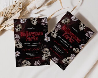 Halloween Party Invitation Printable, Spooky Skulls Halloween Invite, Blood Halloween Party Invite, Black Halloween Costume Party Template