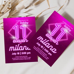 Invito per l'undicesimo compleanno in rosa neon: festa per adolescenti modificabile (download digitale) immagine 2