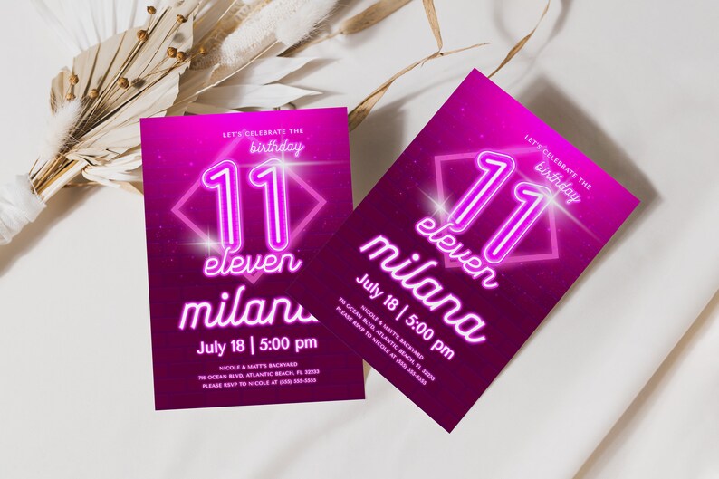 Invito per l'undicesimo compleanno in rosa neon: festa per adolescenti modificabile (download digitale) immagine 2