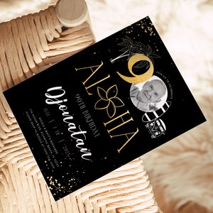 Tropical 90th Birthday Invitation: Black & Gold Aloha Theme (Digital Download) image 3