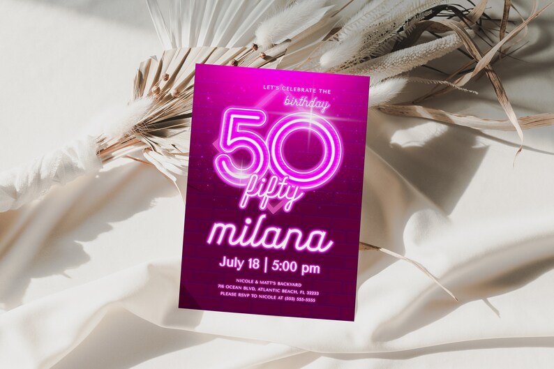 Invitación de 50 cumpleaños en neón rosa: Invitación editable (descarga digital) imagen 1