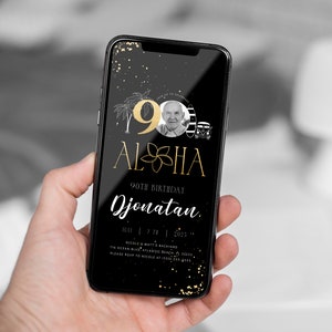 Tropical 90th Birthday Invitation: Black & Gold Beach Theme (Digital Invitation) image 2