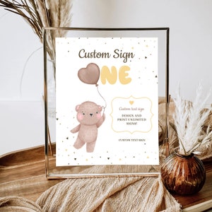 Teddy Bear Birthday Custom Sign, One Year Baby Bear Party Custom Poster, Beary One Year Baby Party Custom Text Sign, Bear Birthday Custom