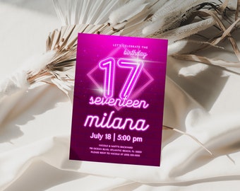 Pink Neon 17th Birthday Invitation: Editable Teen Girl Invite (Digital Download)