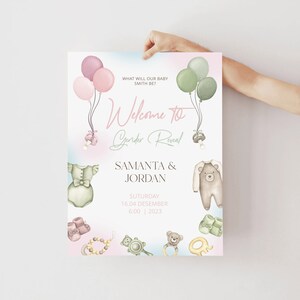 Boho Gender Reveal Welcome Sign, Girl Or Boy Baby Shower Welcome Banner Template, Air Balloon Baby Reveal Party He Or She Signage Download