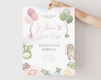 Boho Gender Reveal Welcome Sign: Air Balloon Baby Shower Banner (Digital Download)