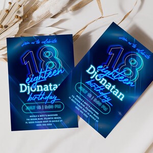 Blue Neon 18th Birthday Invitation: Editable Glow Party (Digital Download) image 2