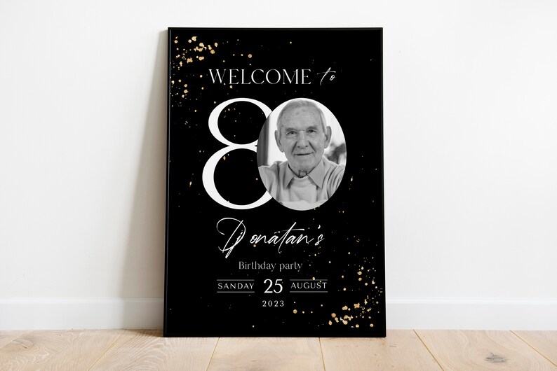 80th Birthday Welcome Sign: Black and Gold Glitter (Printable Template) image 7