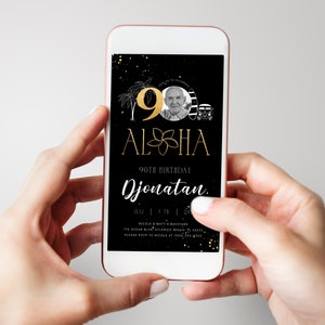 Tropical 90th Birthday Invitation: Black & Gold Beach Theme (Digital Invitation) image 3