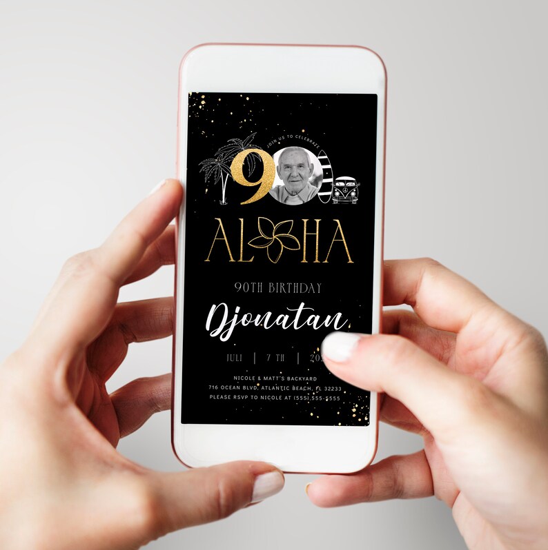 Tropical 90th Birthday Invitation: Black & Gold Beach Theme (Digital Invitation) image 3