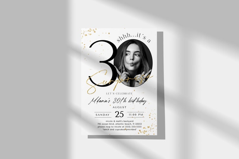 Surprise 30th Birthday Invitation with Photo: Elegant Minimalist Template (Digital Download) image 3